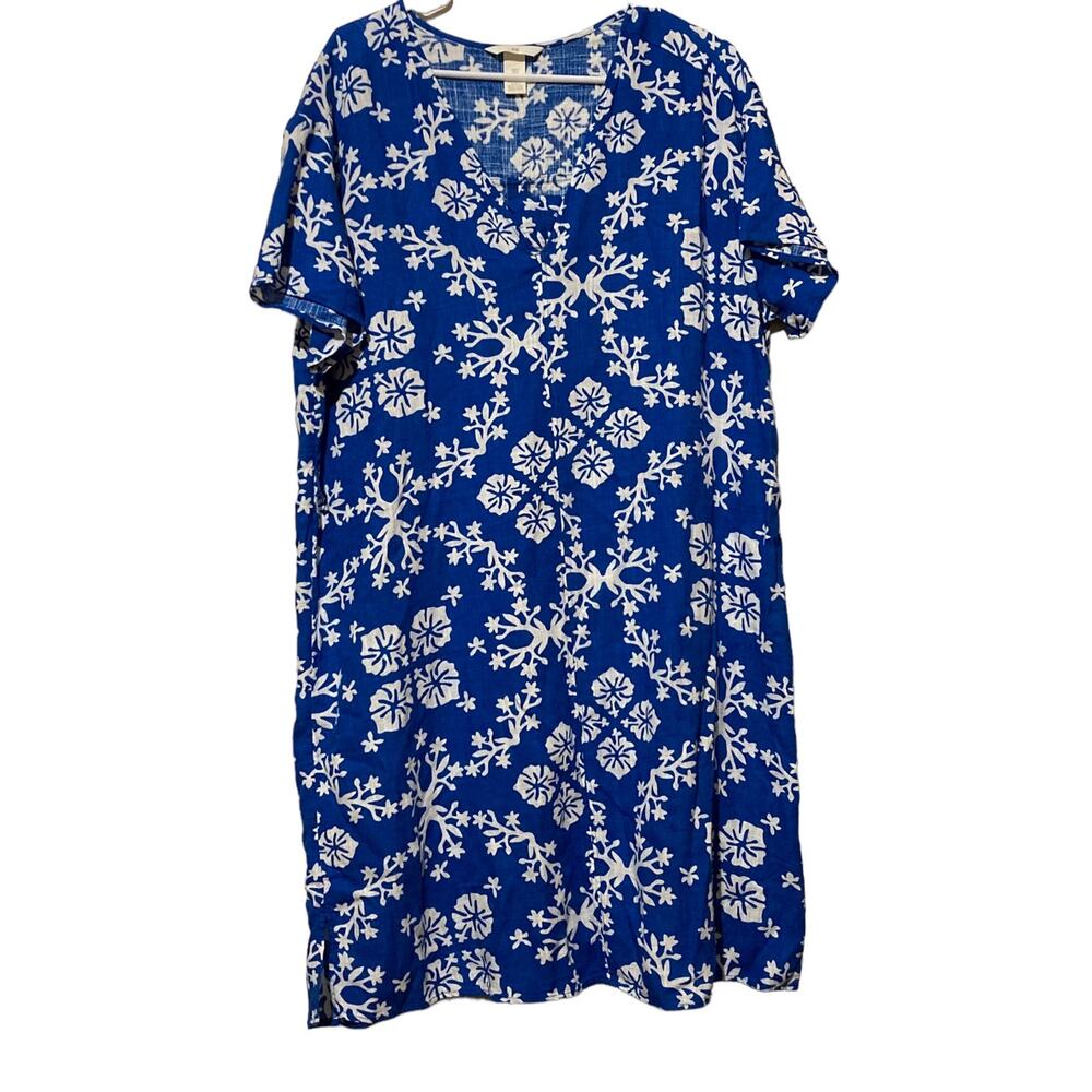 H&M Blue & White Floral Shift Dress Size Medium Linen‎ Blend